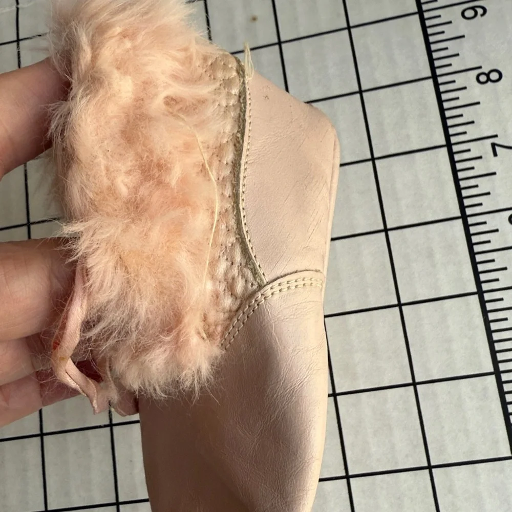 Vintage 1950s Pink Leather Baby Shoes Rabbit Fur Trim Ribbon Ties Prewalker